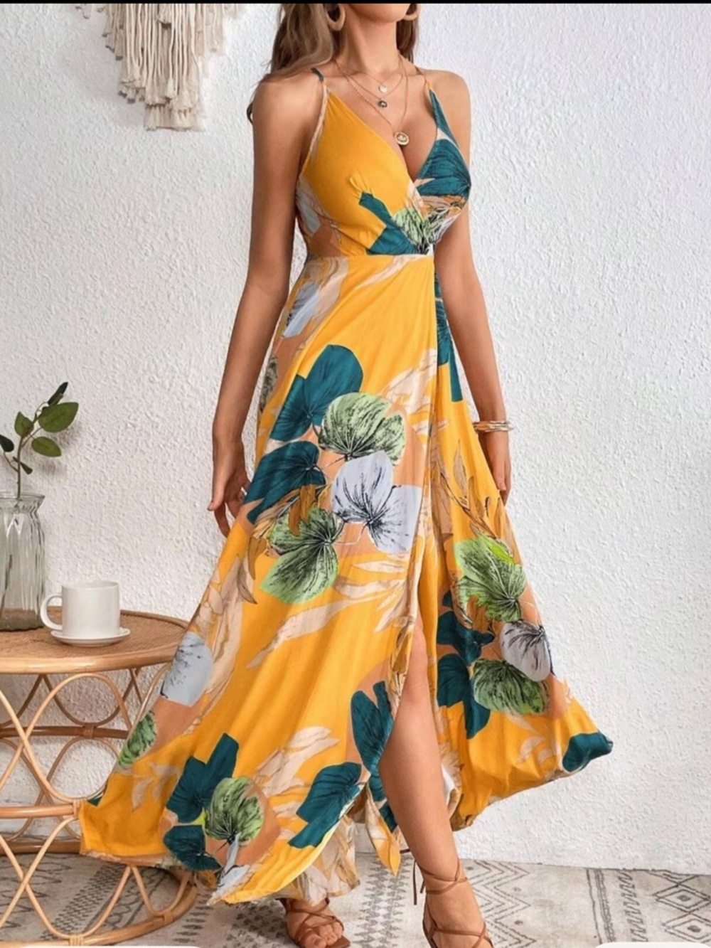 NWOT Yellow Tropical Floral Maxi Dress with Open Back